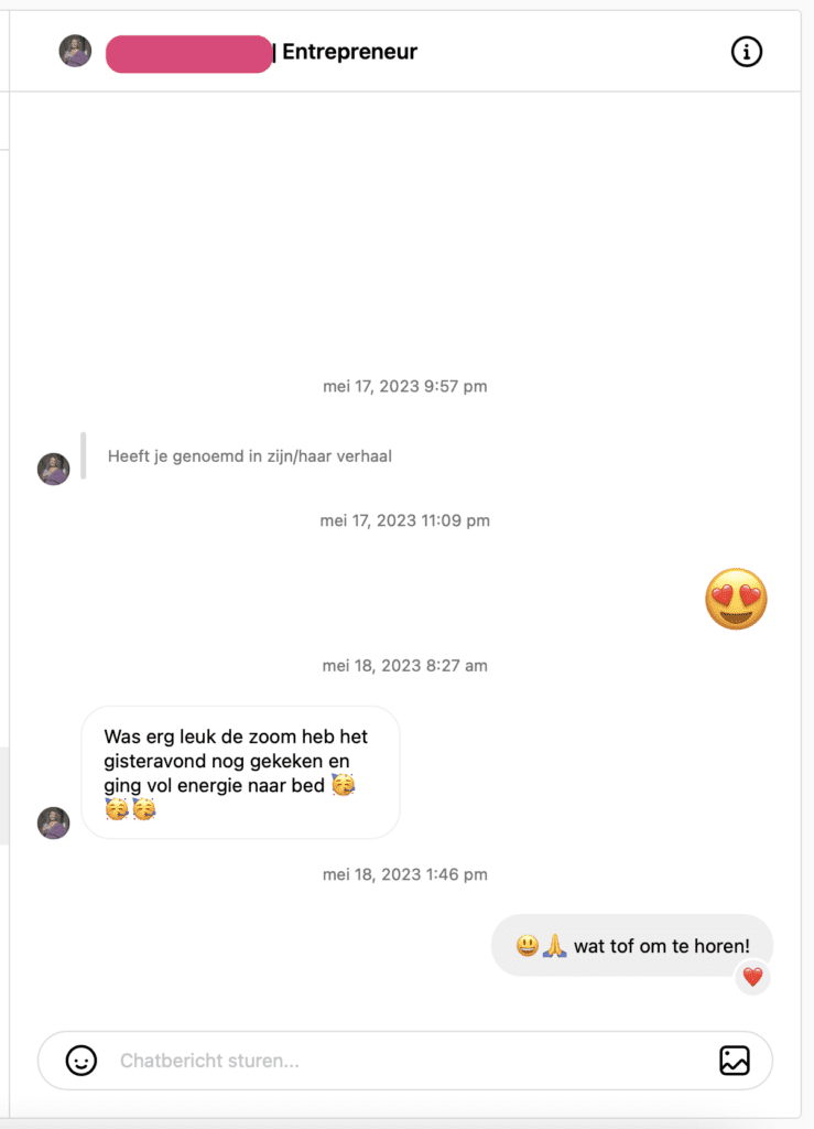 Review gesprek op Instagram: Was erg leuk de zoom heb het gisteravond nog gekeken en ging vol energie naar bed!