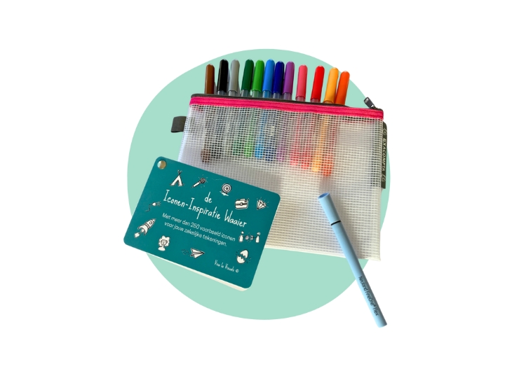 Etui met pennen en een van de kaarten van de starterskit